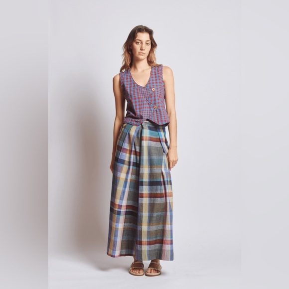 RUJUTA SHETH 100% Handwoven Cotton Carmen Vest Beacon Chex Red Blue Large NWT - Picture 4 of 11